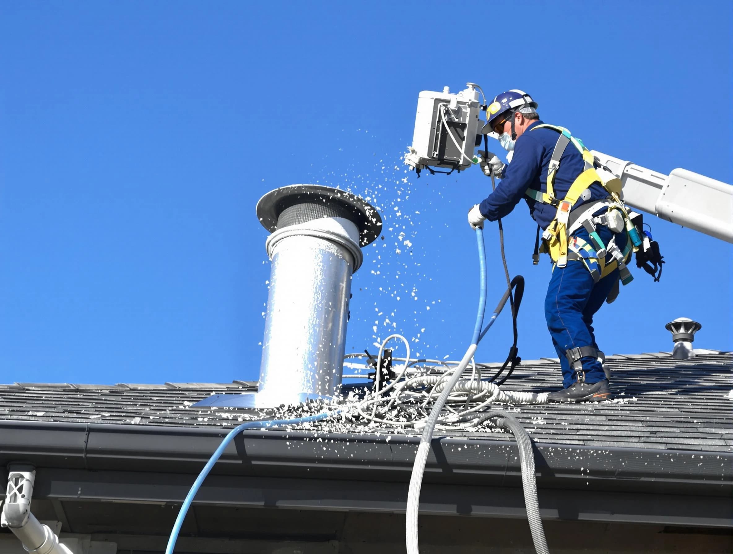 East Highland Park Dryer Vent Cleaning certified technician safely cleaning a roof-mounted dryer vent in East Highland Park