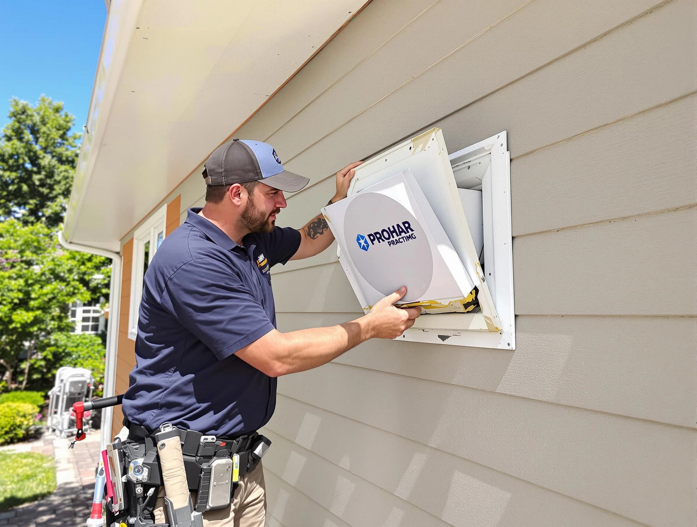 East Highland Park Dryer Vent Cleaning technician installing a new protective dryer vent cover on a home in East Highland Park