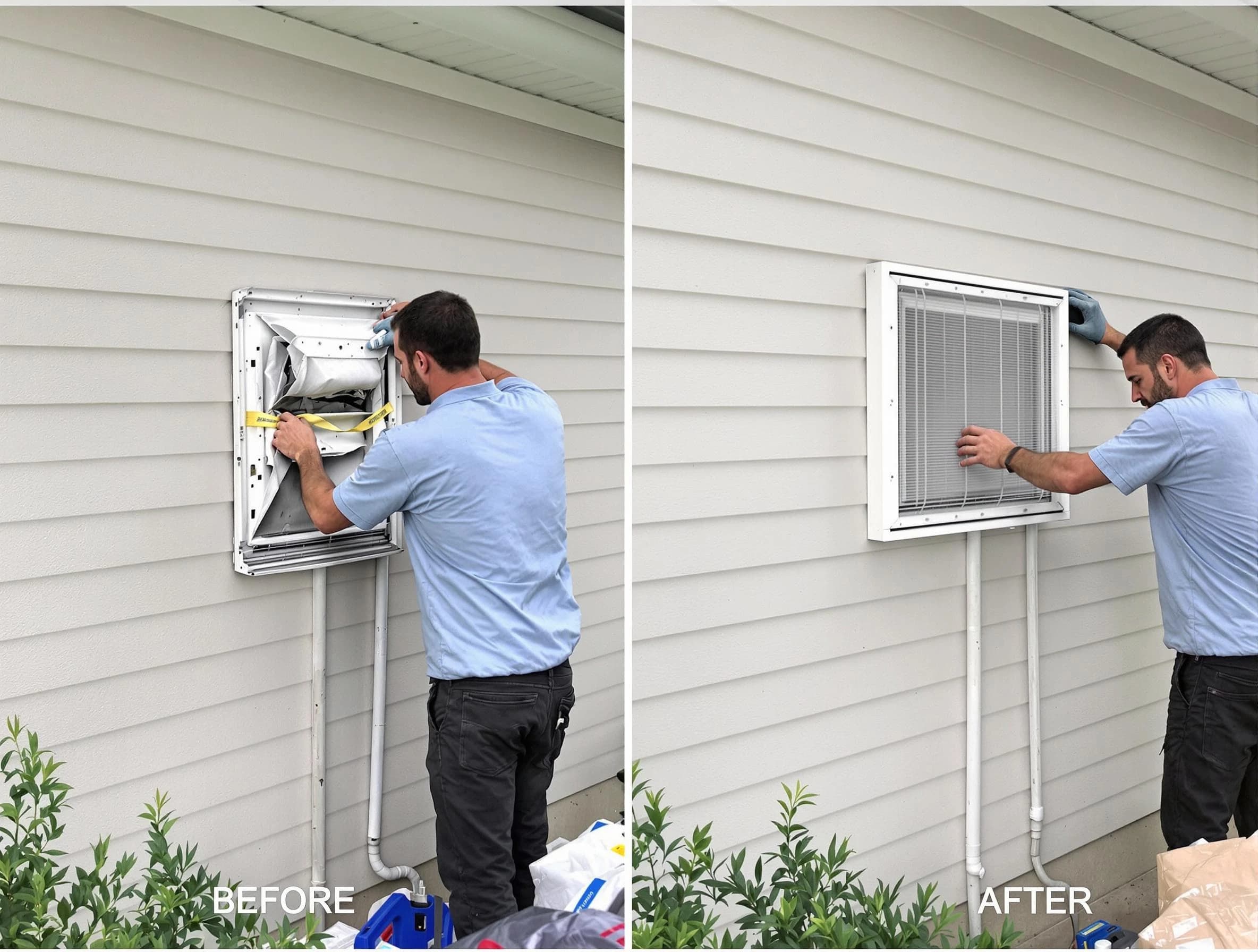 East Highland Park Dryer Vent Cleaning technician installing high-quality dryer vent cover at a residential property in East Highland Park
