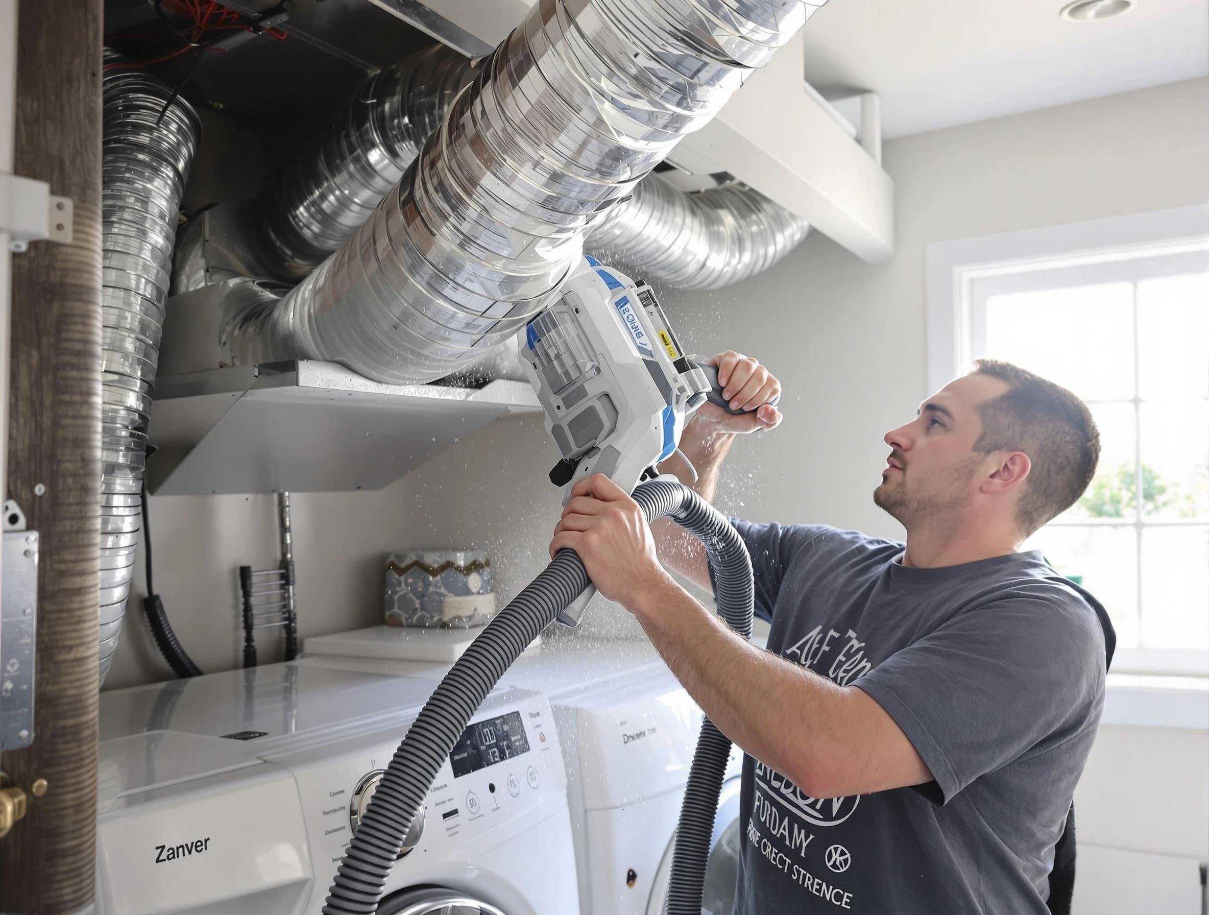 East Highland Park Dryer Vent Cleaning specialist cleaning deep within a dryer vent duct system in East Highland Park